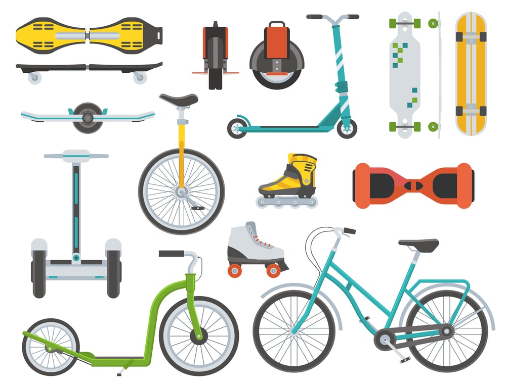 Alternativ bytransport, elektriske elmotordrevne køretøjer, skateboards, rulleskøjter, segways, el-løbehjul, elcykel med mere.